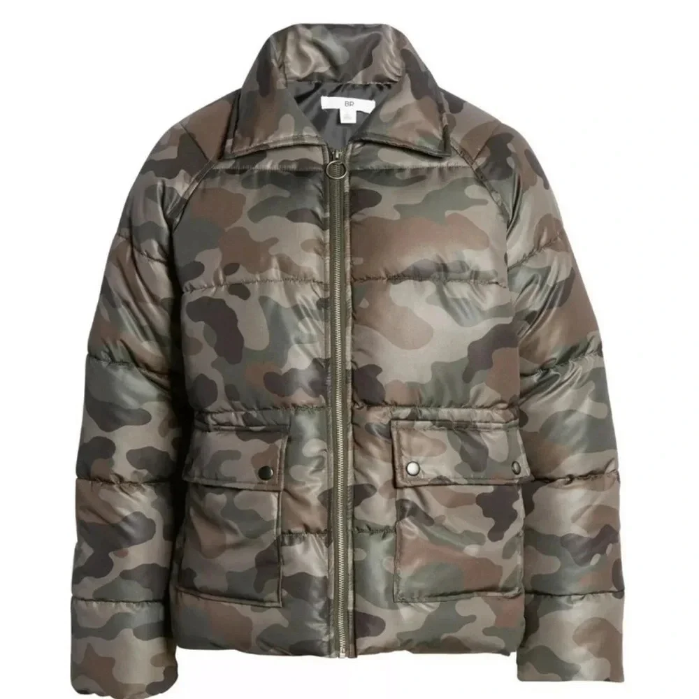 New Nordstrom BP Olive Italy Camo Print Puffer jacket camouflage streetwear zip